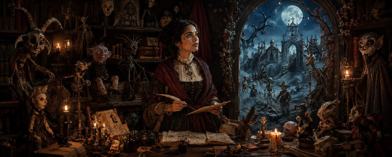 Eine junge Schriftstellerin steht in einem kerzenbeleuchteten Arbeitszimmer, während handgemachte Monster aus ihren Manuskripten lebendig werden und sich ein dunkles Fantasyreich öffnet.