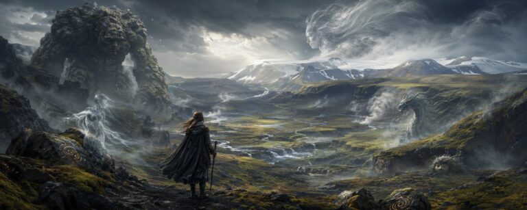 Eine junge Hüterin steht in einer weiten isländischen Fantasylandschaft zwischen Nebel, Felsen und magischen Kreaturen, während Wind und alte Mythen die Szene erfüllen.