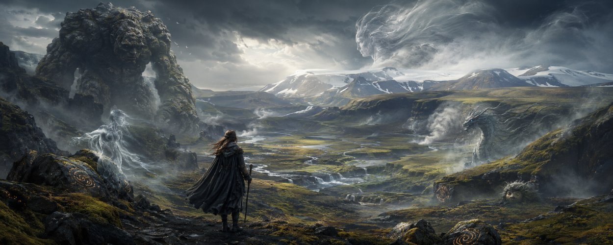 Eine junge Hüterin steht in einer weiten isländischen Fantasylandschaft zwischen Nebel, Felsen und magischen Kreaturen, während Wind und alte Mythen die Szene erfüllen.