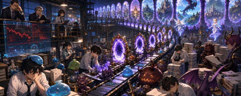 Eine magische Verlagsfabrik produziert endlose Isekai-Portale, während erschöpfte Helden, Dämonenkönige, Schleime und Manuskripte sich auf Förderbändern stapeln.