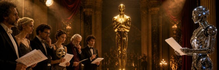 In einer prunkvollen Hollywood-Halle steht eine goldene Oscar-ähnliche Statue auf einem schwarzen Marmorsockel, umgeben von einem leuchtenden Kreis. Links betrachten menschliche Schauspieler und Autoren mit Drehbüchern und Masken die Szene, rechts steht eine humanoide Maschine mit einem Manuskript vor der goldenen Grenze.