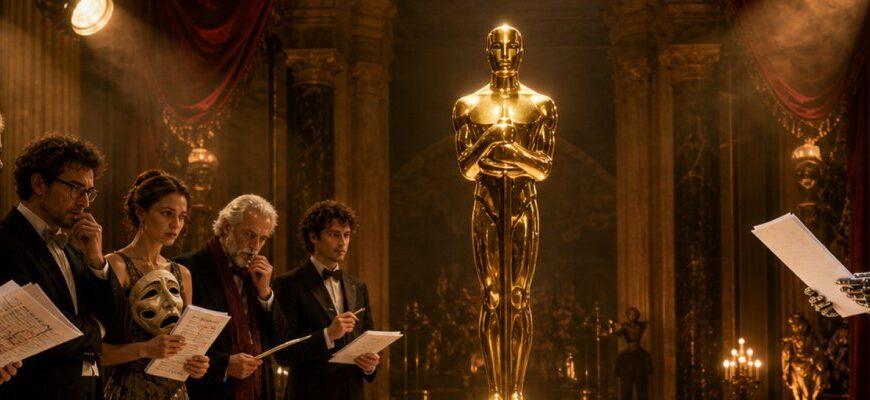 In einer prunkvollen Hollywood-Halle steht eine goldene Oscar-ähnliche Statue auf einem schwarzen Marmorsockel, umgeben von einem leuchtenden Kreis. Links betrachten menschliche Schauspieler und Autoren mit Drehbüchern und Masken die Szene, rechts steht eine humanoide Maschine mit einem Manuskript vor der goldenen Grenze.
