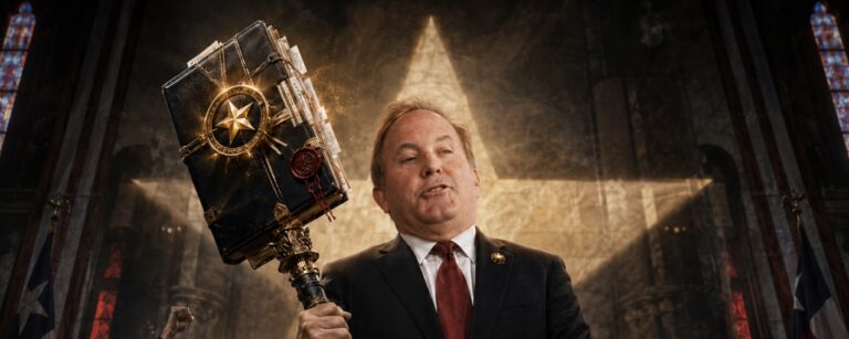Ken Paxton in dunklem Anzug und roter Krawatte steht in einem düsteren texanischen Gerichtssaal-Wahlkampftempel und hält ein schweres Zepter mit einer versiegelten schwarzen Skandalakte und goldenem Stern, während hinter ihm Anhänger jubeln.