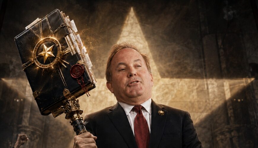 Ken Paxton in dunklem Anzug und roter Krawatte steht in einem düsteren texanischen Gerichtssaal-Wahlkampftempel und hält ein schweres Zepter mit einer versiegelten schwarzen Skandalakte und goldenem Stern, während hinter ihm Anhänger jubeln.