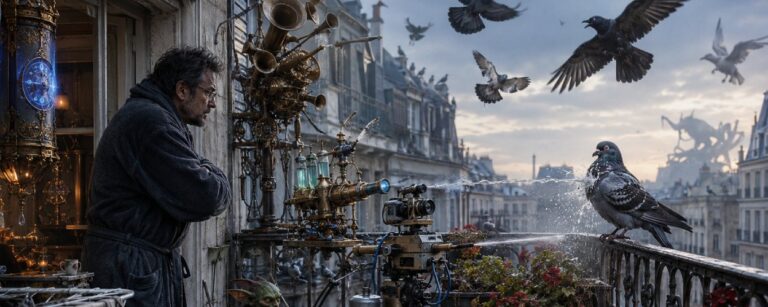 Satirische Dark-Fantasy-Szene auf einem Stadtbalkon: Ein erschöpfter Mann beobachtet eine selbstgebaute KI-Wasserkanone, die eine Taube auf dem Geländer besprüht. Zwischen nassen Fliesen, Blumenkästen, Kabeln, Messingapparaten und magischen Abwehrgeräten sitzen ein kleiner Goblin und ein Basilisk, während weitere Vögel über den Dächern kreisen.