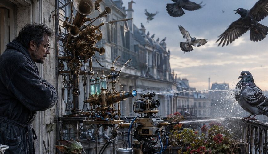 Satirische Dark-Fantasy-Szene auf einem Stadtbalkon: Ein erschöpfter Mann beobachtet eine selbstgebaute KI-Wasserkanone, die eine Taube auf dem Geländer besprüht. Zwischen nassen Fliesen, Blumenkästen, Kabeln, Messingapparaten und magischen Abwehrgeräten sitzen ein kleiner Goblin und ein Basilisk, während weitere Vögel über den Dächern kreisen.