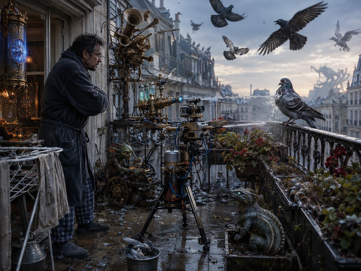 Satirische Dark-Fantasy-Szene auf einem Stadtbalkon: Ein erschöpfter Mann beobachtet eine selbstgebaute KI-Wasserkanone, die eine Taube auf dem Geländer besprüht. Zwischen nassen Fliesen, Blumenkästen, Kabeln, Messingapparaten und magischen Abwehrgeräten sitzen ein kleiner Goblin und ein Basilisk, während weitere Vögel über den Dächern kreisen.