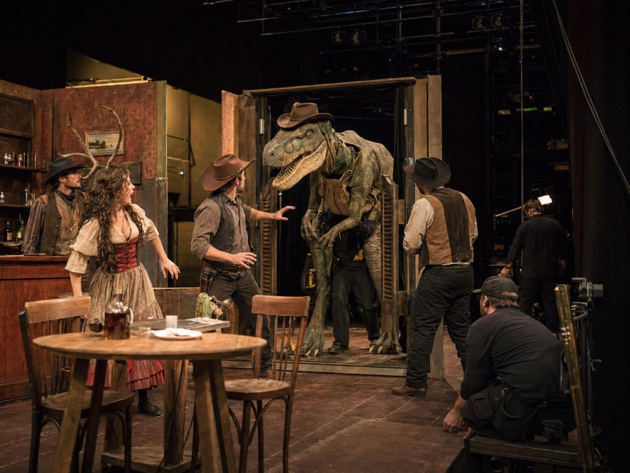 Dokumentarisch wirkende Theaterprobe auf einer Western-Saloon-Bühne: Ein großer Dinosaurier mit Cowboyhut tritt durch Schwingtüren, während Schauspieler in Westernkostümen und Bühnentechniker die absurde Szene beobachten.