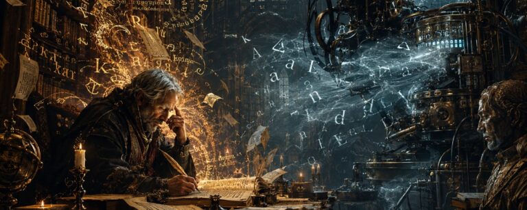 Ein menschlicher Übersetzer sitzt in einer gotischen Bibliothek über Manuskripten, während eine riesige mechanische Übersetzungsmaschine kalten Nebel und Buchstaben ausstößt. Warme goldene Schriftzeichen steigen aus den Büchern auf, während die Maschine die Sprache in blasse, gleichförmige Zeichen verwandelt.