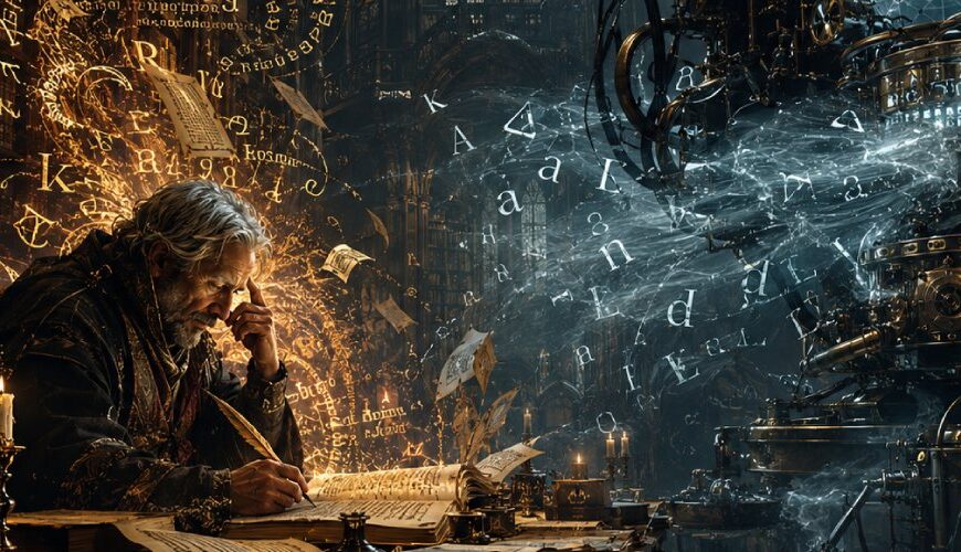 Ein menschlicher Übersetzer sitzt in einer gotischen Bibliothek über Manuskripten, während eine riesige mechanische Übersetzungsmaschine kalten Nebel und Buchstaben ausstößt. Warme goldene Schriftzeichen steigen aus den Büchern auf, während die Maschine die Sprache in blasse, gleichförmige Zeichen verwandelt.