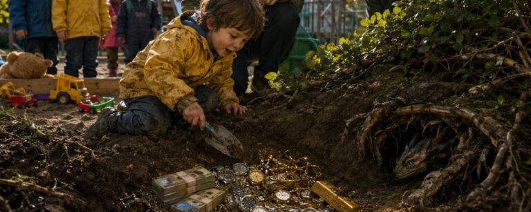 Satirische Dark-Fantasy-Szene auf einem Berliner Spielplatz: Ein Kitakind gräbt hinter Büschen einen Schatz aus Bargeld, Uhren, Schmuck und einem Goldbarren frei, während eine Erzieherin und ein Vater erstaunt reagieren. Aus einem kleinen Wurzelbau daneben blickt ein junger Drache mit leuchtenden Augen hervor.