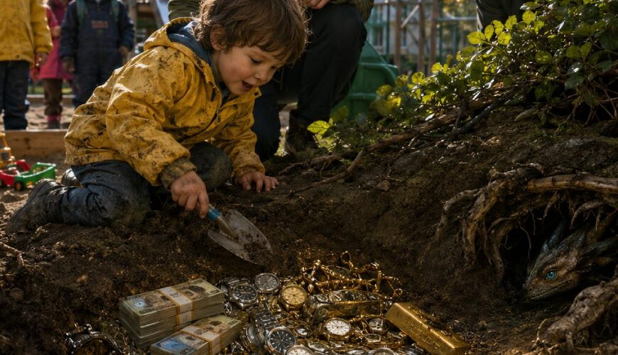 Satirische Dark-Fantasy-Szene auf einem Berliner Spielplatz: Ein Kitakind gräbt hinter Büschen einen Schatz aus Bargeld, Uhren, Schmuck und einem Goldbarren frei, während eine Erzieherin und ein Vater erstaunt reagieren. Aus einem kleinen Wurzelbau daneben blickt ein junger Drache mit leuchtenden Augen hervor.