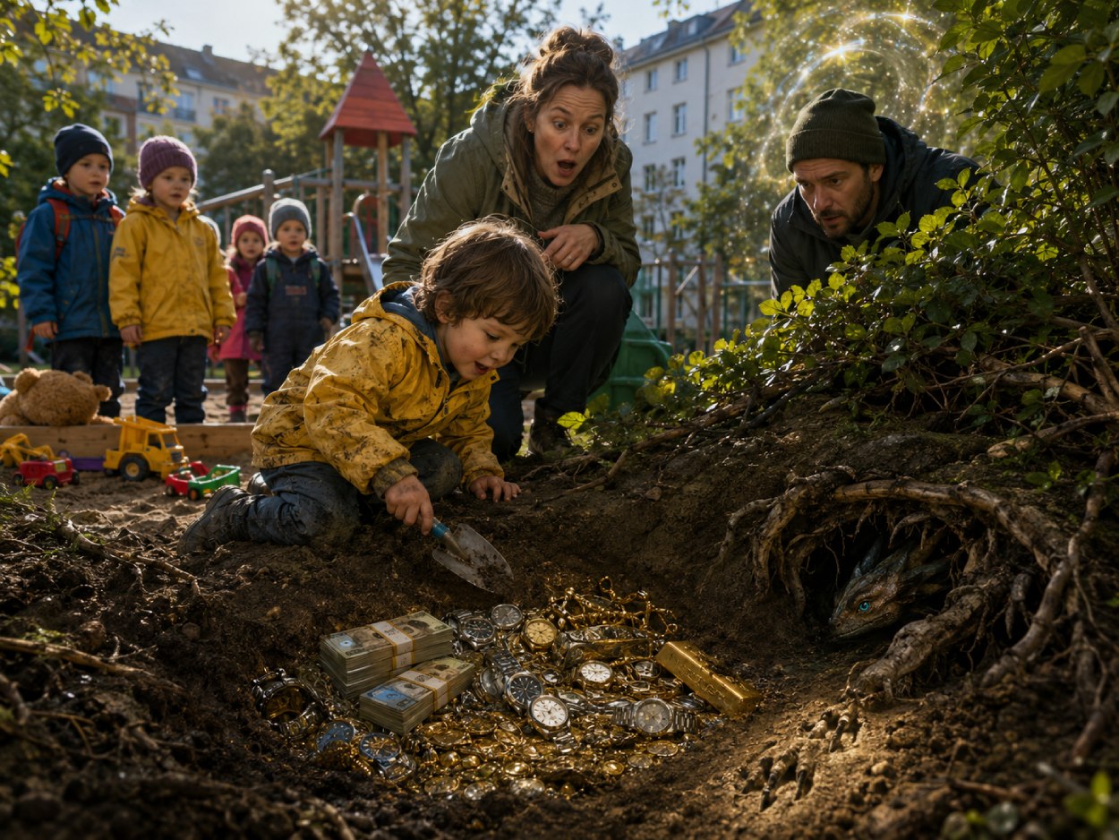 Satirische Dark-Fantasy-Szene auf einem Berliner Spielplatz: Ein Kitakind gräbt hinter Büschen einen Schatz aus Bargeld, Uhren, Schmuck und einem Goldbarren frei, während eine Erzieherin und ein Vater erstaunt reagieren. Aus einem kleinen Wurzelbau daneben blickt ein junger Drache mit leuchtenden Augen hervor.