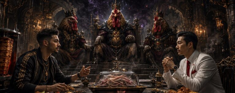 Dunkle Fantasy-Szene eines geheimen Fast-Food-Friedensgipfels: Zwei verfeindete Essensvertreter verhandeln an einem Steintisch über Kebab, Hähnchen und Gutscheine. Hinter ihnen thronen drei unheimliche Hühnerkönige mit schwarzen Kronen, während über der Szene der geisterhafte Schwarze Hahn aus Rauch, Federn und magischem Licht erscheint.