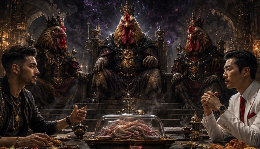Dunkle Fantasy-Szene eines geheimen Fast-Food-Friedensgipfels: Zwei verfeindete Essensvertreter verhandeln an einem Steintisch über Kebab, Hähnchen und Gutscheine. Hinter ihnen thronen drei unheimliche Hühnerkönige mit schwarzen Kronen, während über der Szene der geisterhafte Schwarze Hahn aus Rauch, Federn und magischem Licht erscheint.