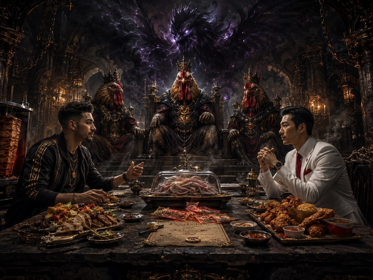 Dunkle Fantasy-Szene eines geheimen Fast-Food-Friedensgipfels: Zwei verfeindete Essensvertreter verhandeln an einem Steintisch über Kebab, Hähnchen und Gutscheine. Hinter ihnen thronen drei unheimliche Hühnerkönige mit schwarzen Kronen, während über der Szene der geisterhafte Schwarze Hahn aus Rauch, Federn und magischem Licht erscheint.