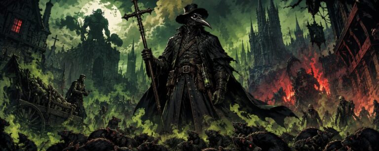 Ein düsteres Comiccover zeigt eine riesige Pestmaske über einer Masse schwarzer Ratten mit roten Augen, umgeben von giftgrünem Feuer und mittelalterlichem Horror.