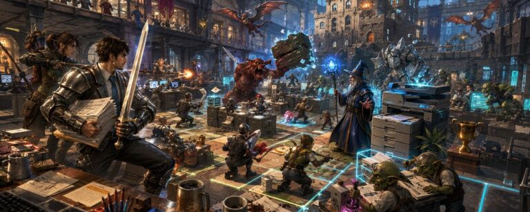 Fantasy-Helden kämpfen in einem mittelalterlichen Büro auf einem taktischen Raster zwischen Schreibtischen, Formularen, Monstern und einem HR-Zauberer.