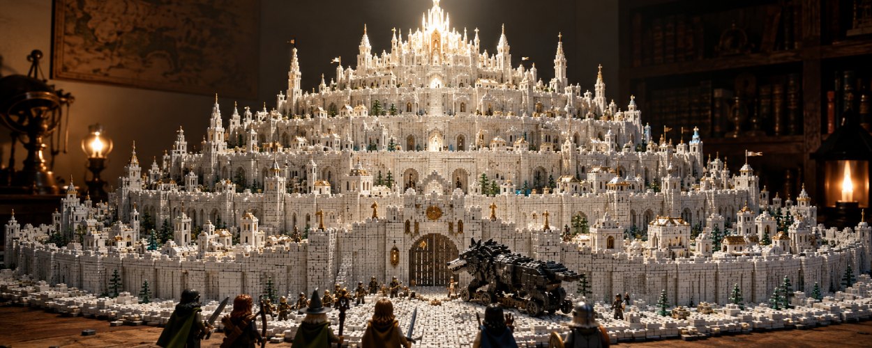 Eine große weiße Fantasy-Stadt aus Spielbausteinen erhebt sich auf einem Tisch, davor stehen kleine Figuren und ein dunkler Rammbock.