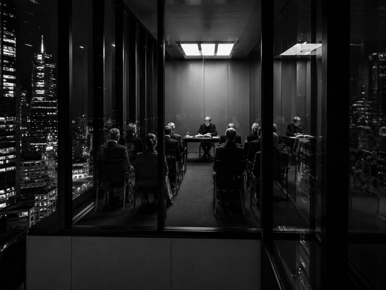 Schwarzweißes Kunst-Dokufoto einer Lesung in einem gläsernen Hochhaus über der Frankfurter Skyline: Ein einzelner Vorleser sitzt vor einem starren Publikum in einem kühlen, bürokratisch wirkenden Raum.