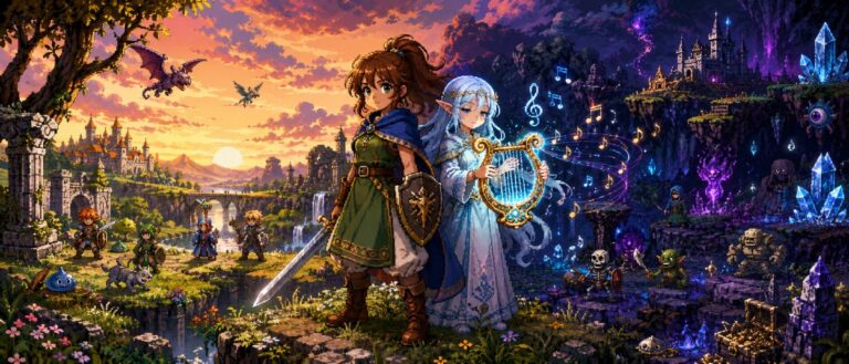 Eine junge Wächterin schützt ein Elfenmädchen mit einer magischen Leier in einer farbenfrohen Pixel-Fantasywelt.