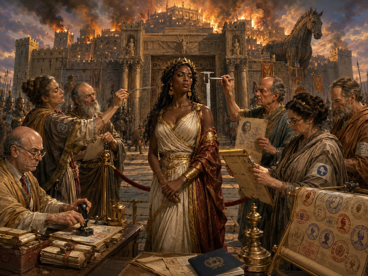 Eine majestätische Helena-Figur steht vor den brennenden Toren Trojas, während antike Bürokraten mit Messlatten, Schriftrollen, Stempeln und Papieren eine absurde Passkontrolle inszenieren. Im Hintergrund lodert die Stadt, daneben ragt das hölzerne Pferd auf.