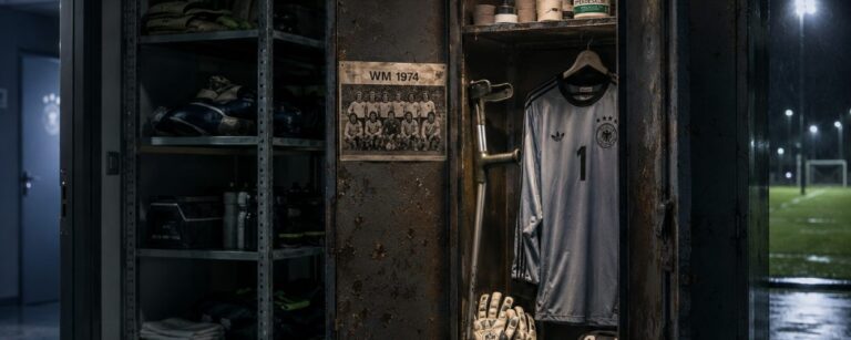 Fotorealistische satirische Szene in einem Fußball-Geräteraum: Ein offener alter Spind zeigt ein Torwarttrikot mit der Nummer 1, Handschuhe, eine Gehhilfe, Mullbinden, Rheumasalbe und ein altes Mannschaftsbild mit der Überschrift WM 1974.