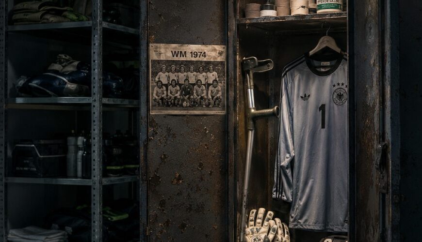 Fotorealistische satirische Szene in einem Fußball-Geräteraum: Ein offener alter Spind zeigt ein Torwarttrikot mit der Nummer 1, Handschuhe, eine Gehhilfe, Mullbinden, Rheumasalbe und ein altes Mannschaftsbild mit der Überschrift WM 1974.