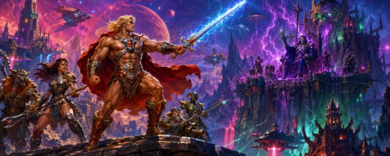 Ein heroischer Fantasy-Krieger mit leuchtendem Schwert steht in einer bunten Zauberwelt einem skelettartigen finsteren Herrscher gegenüber.