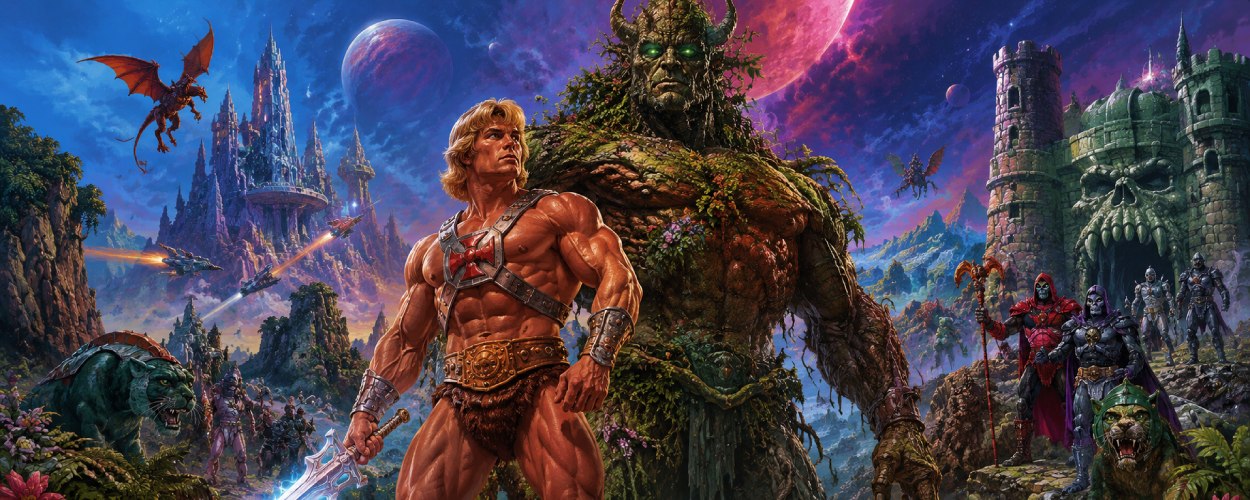 Ein muskulöser Held mit leuchtendem Schwert steht neben einem moosbedeckten Waldkrieger in einer bunten Fantasy-Sci-Fi-Landschaft.