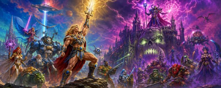 Ein heroischer Fantasy-Krieger hebt ein leuchtendes Schwert vor einer bunten Festung, während ein skelettartiger Zauberer aus einer Schädelburg dunkle Magie entfesselt.