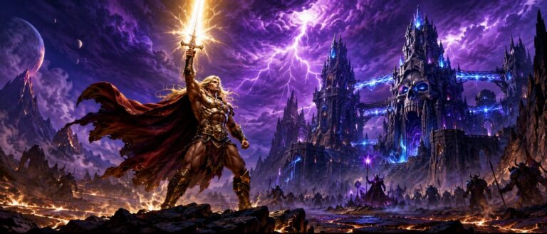 Ein muskulöser Fantasy-Krieger hebt ein leuchtendes Schwert vor einer außerirdischen Burglandschaft, während am violetten Himmel Blitze zucken.