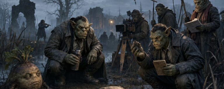 Satirische Dark-Fantasy-Krimiszene in einem nebligen Moor: Zwei orkische Ermittler untersuchen mit ernster Miene eine zugedeckte Leiche, während ein Filmteam mit einfacher Ausrüstung die Szene dreht. Neben einem Frosch, einem Gummistiefel und einem verdächtig blickenden Rübenwesen entsteht der Eindruck eines besonders günstigen Zwischenreichs-Krimis.