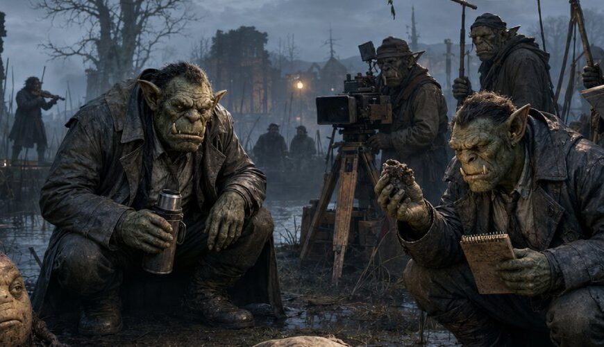 Satirische Dark-Fantasy-Krimiszene in einem nebligen Moor: Zwei orkische Ermittler untersuchen mit ernster Miene eine zugedeckte Leiche, während ein Filmteam mit einfacher Ausrüstung die Szene dreht. Neben einem Frosch, einem Gummistiefel und einem verdächtig blickenden Rübenwesen entsteht der Eindruck eines besonders günstigen Zwischenreichs-Krimis.