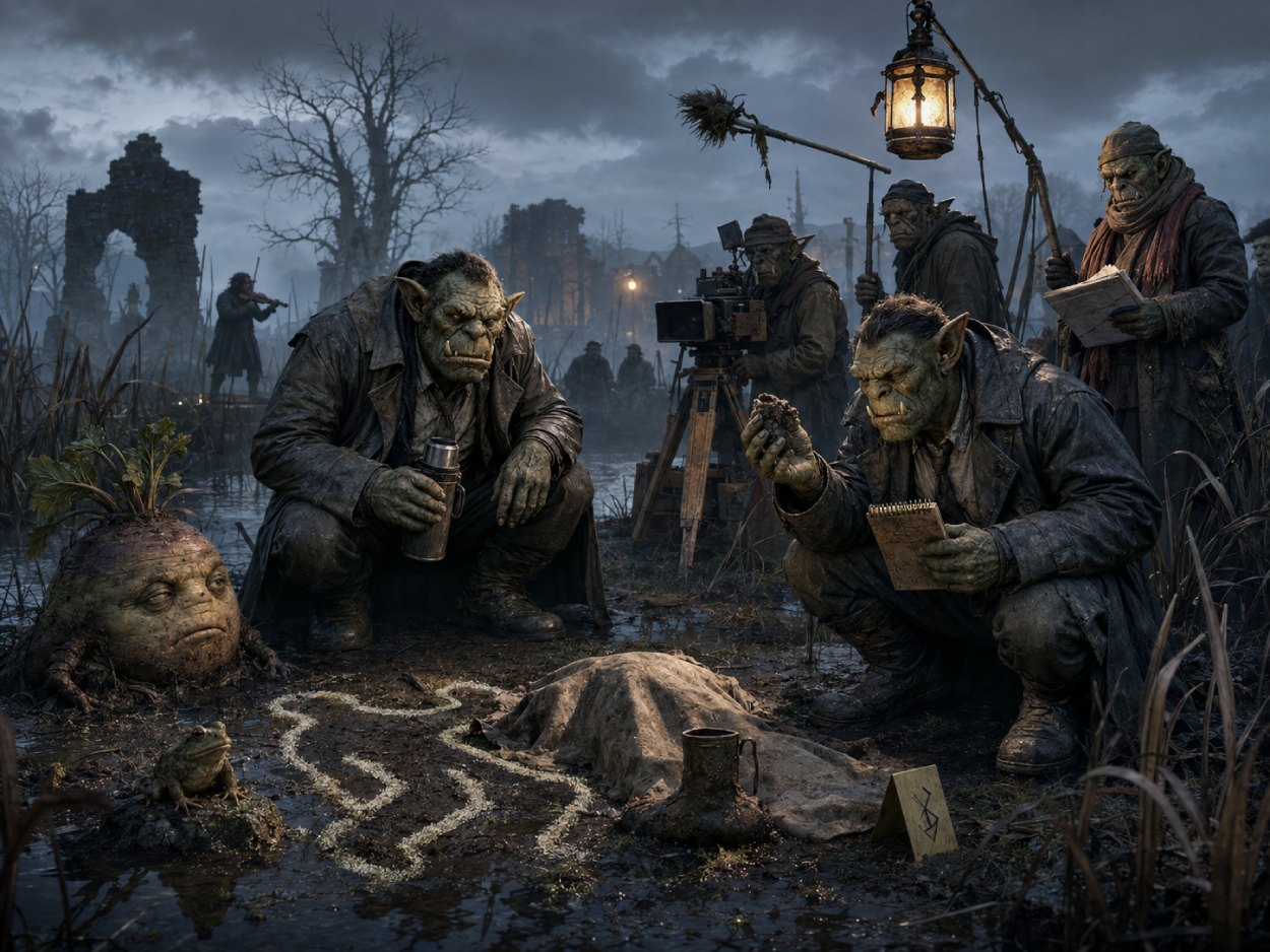 Satirische Dark-Fantasy-Krimiszene: Zwei orkische Ermittler stehen in einem nebligen Moor neben einer absurd ernst inszenierten Leiche, während im Hintergrund ein öffentlich-rechtlich wirkendes Filmteam mit billiger Ausrüstung einen düsteren Zwischenreichs-Krimi dreht.