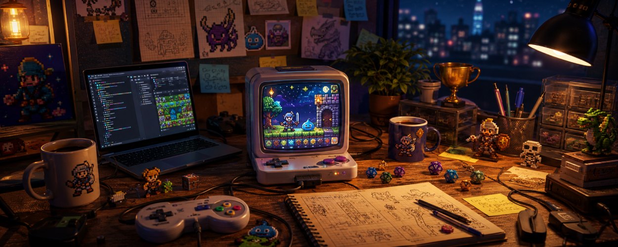 Eine kleine Retro-Fantasy-Konsole leuchtet auf einem Entwicklertisch zwischen Laptop, Pixelgrafiken, Notizen, Würfeln, Kaffee und einem kleinen Pokal.