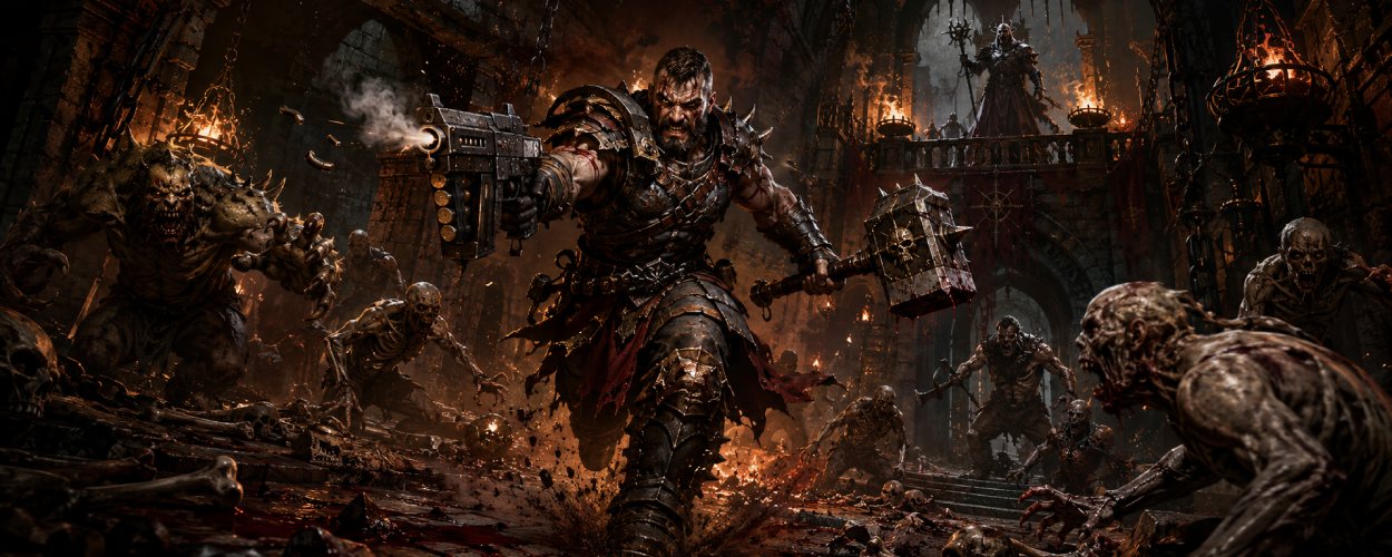 Ein düsterer Fantasy-Krieger stürmt mit Nailgun und Kriegshammer durch einen gotischen Kerker, während Ghule und Untote aus den Schatten angreifen.