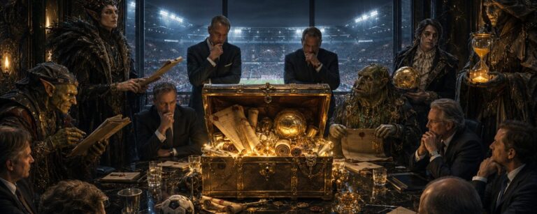 Satirische Fantasy-Szene in einem luxuriösen Fußball-Konferenzraum: Funktionäre sitzen vor einer leuchtenden goldenen Schatulle voller Verträge und Münzen, während Gestalten aus den Zwischenreichen Namensrechte für die Bundesliga anbieten.