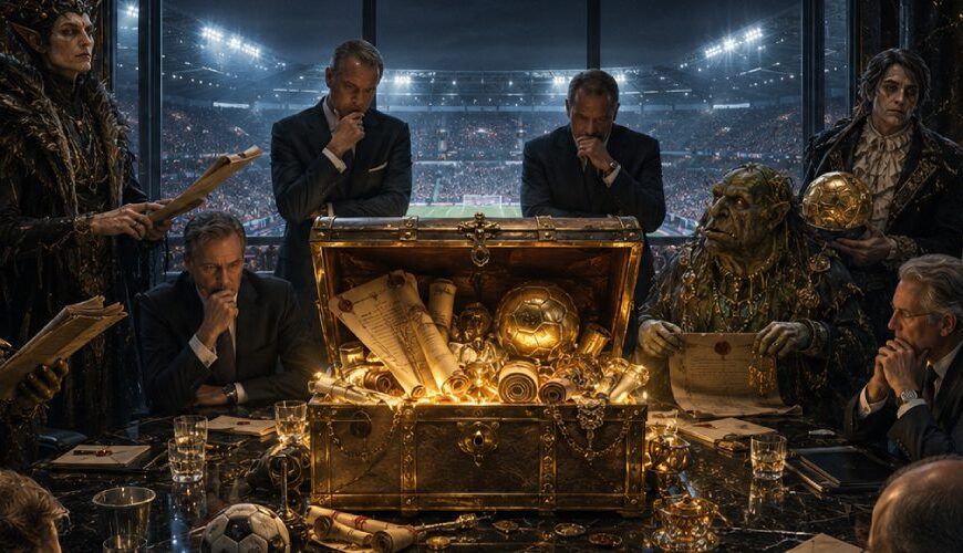 Satirische Fantasy-Szene in einem luxuriösen Fußball-Konferenzraum: Funktionäre sitzen vor einer leuchtenden goldenen Schatulle voller Verträge und Münzen, während Gestalten aus den Zwischenreichen Namensrechte für die Bundesliga anbieten.
