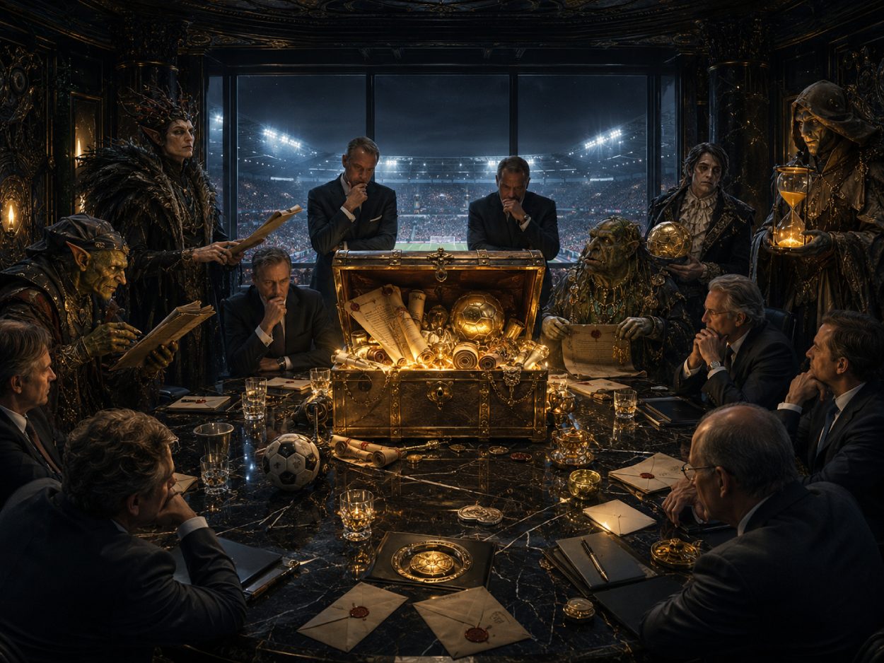Satirische Fantasy-Szene in einem luxuriösen Fußball-Konferenzraum: Funktionäre sitzen vor einer leuchtenden goldenen Schatulle voller Verträge und Münzen, während Gestalten aus den Zwischenreichen Namensrechte für die Bundesliga anbieten.
