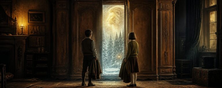 Ein alter Kleiderschrank steht halb geöffnet in einem dunklen Zimmer, dahinter leuchten Schnee, Tannen und eine ferne magische Welt.