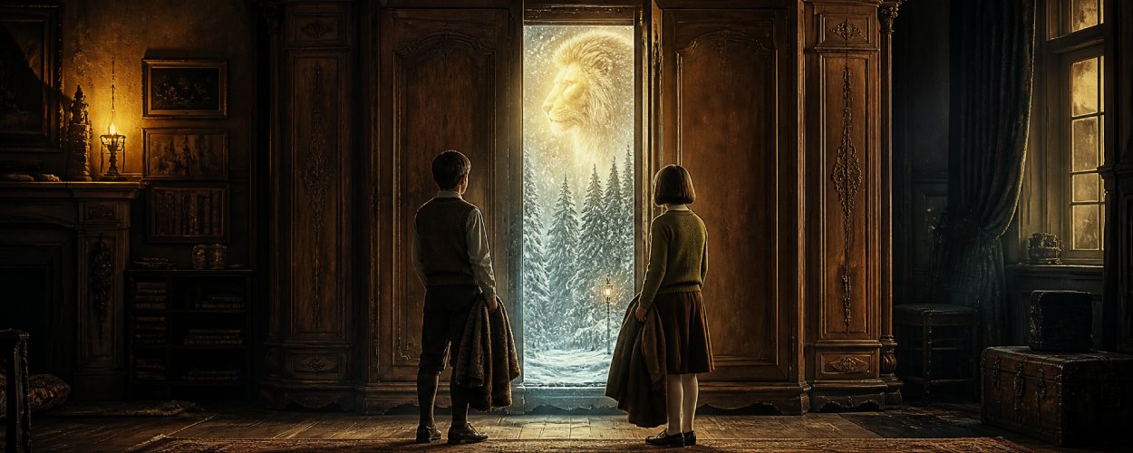 Ein alter Kleiderschrank steht halb geöffnet in einem dunklen Zimmer, dahinter leuchten Schnee, Tannen und eine ferne magische Welt.