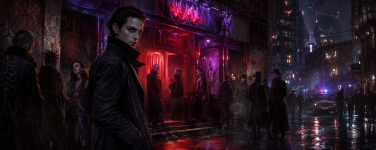Ein moderner Vampir steht vor einem neonbeleuchteten Nachtclub, während im Regen Schatten, rote Lichter und geheimnisvolle Gestalten die Straße füllen.