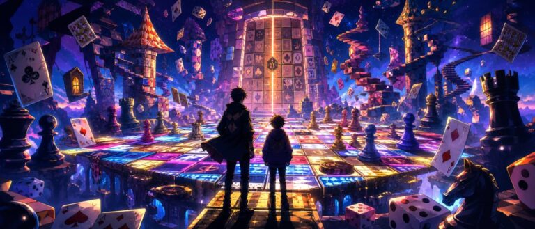 Zwei geheimnisvolle Gamer-Silhouetten stehen vor einem leuchtenden Spielbrett in einer surrealen Fantasywelt aus Karten, Würfeln und Schachfiguren.