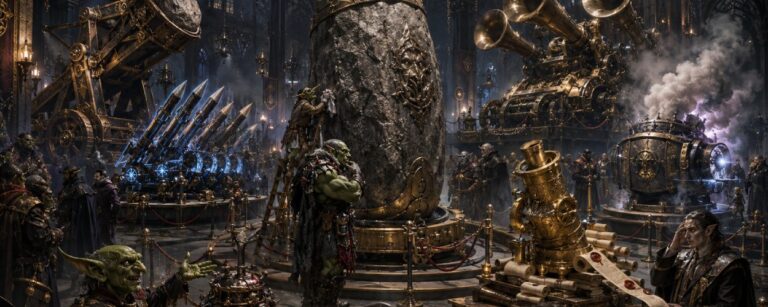 Satirische Dark-Fantasy-Szene in einer prunkvollen Rüstungsmesse der Zwischenreiche: In einer gotischen Halle wird ein riesiger hinkelsteinartiger Stein als Waffensystem präsentiert, umgeben von Orks, Goblins, Waffenhändlern, magischen Raketen, Belagerungsmaschinen, juristischen Schriftrollen und luxuriös inszenierter Kriegstechnik.