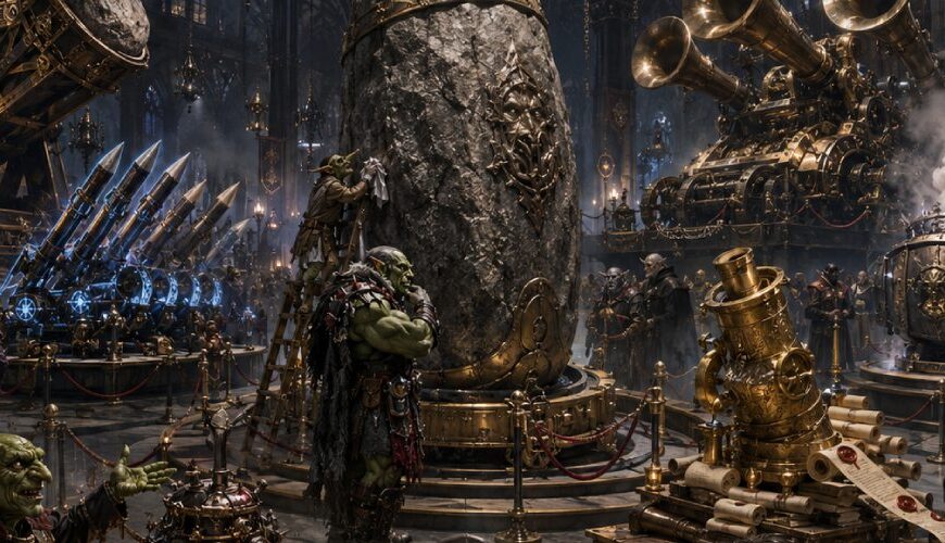 Satirische Dark-Fantasy-Szene in einer prunkvollen Rüstungsmesse der Zwischenreiche: In einer gotischen Halle wird ein riesiger hinkelsteinartiger Stein als Waffensystem präsentiert, umgeben von Orks, Goblins, Waffenhändlern, magischen Raketen, Belagerungsmaschinen, juristischen Schriftrollen und luxuriös inszenierter Kriegstechnik.