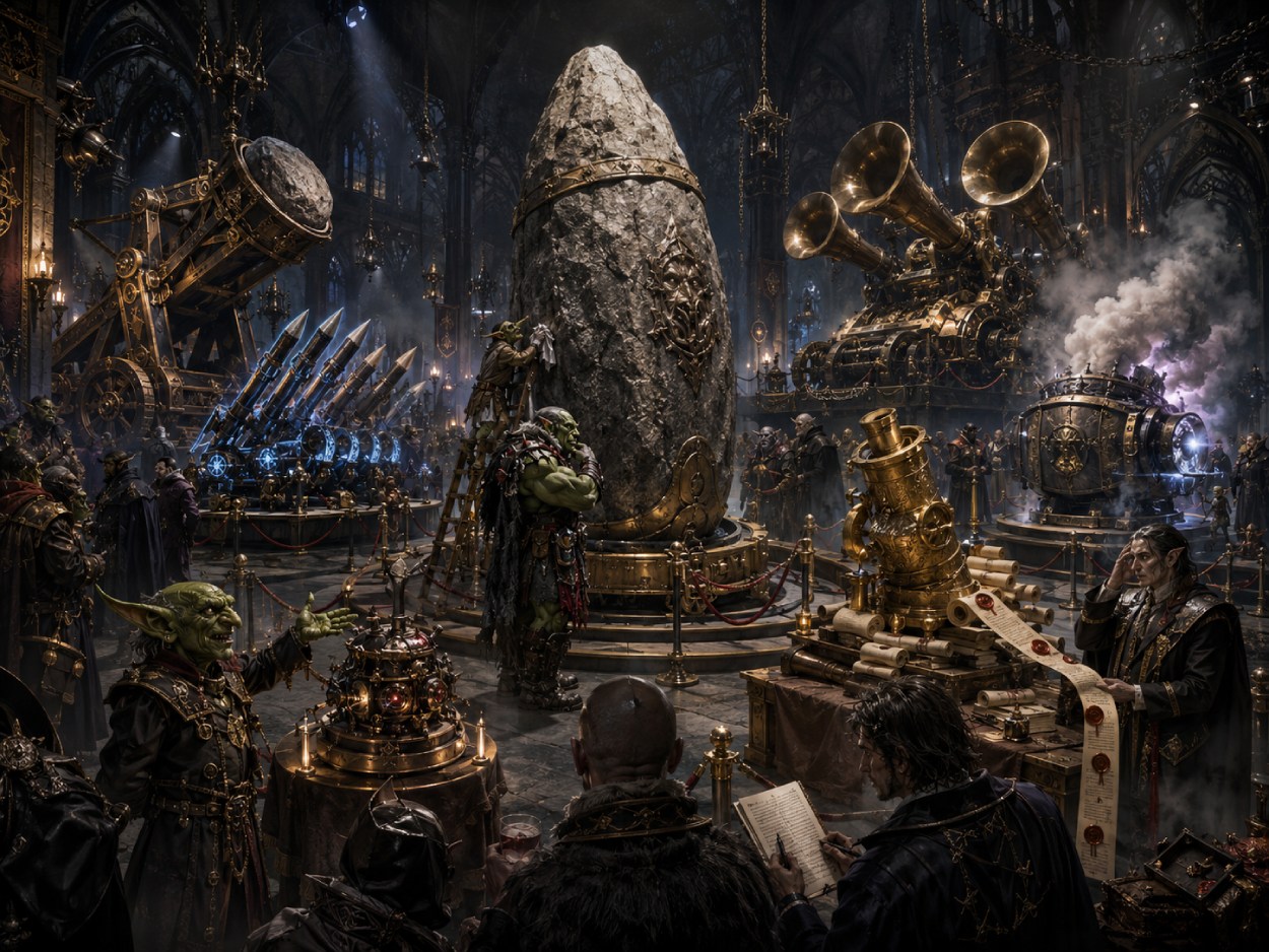 Satirische Dark-Fantasy-Szene in einer prunkvollen Rüstungsmesse der Zwischenreiche: In einer gotischen Halle wird ein riesiger hinkelsteinartiger Stein als Waffensystem präsentiert, umgeben von Orks, Goblins, Waffenhändlern, magischen Raketen, Belagerungsmaschinen, juristischen Schriftrollen und luxuriös inszenierter Kriegstechnik.