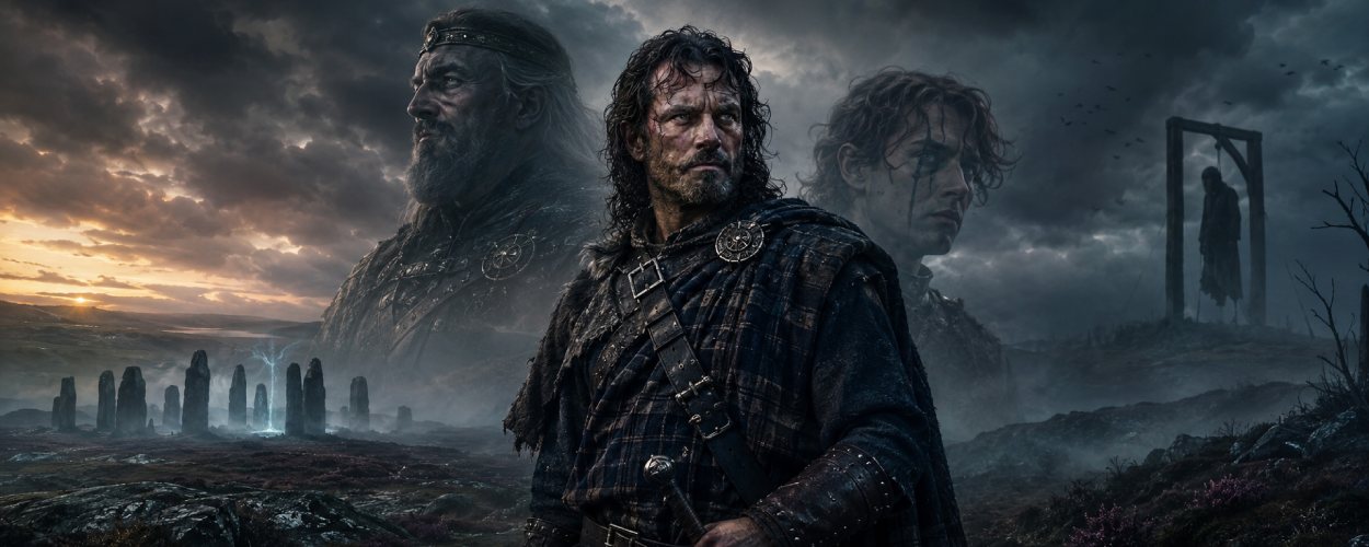 Ein düsterer Highland-Krieger steht im Nebel der schottischen Moore, während hinter ihm schemenhafte Doppelbilder seiner Blutlinie erscheinen.