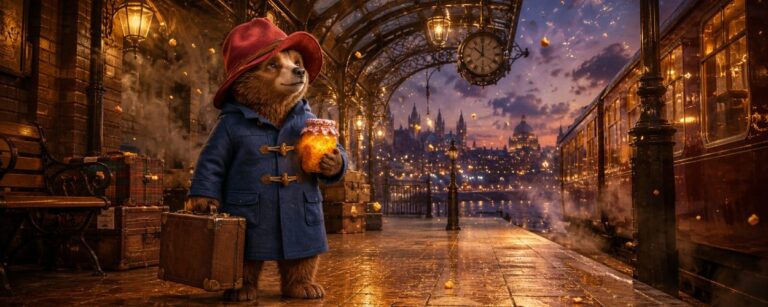 Ein kleiner höflicher Bär mit rotem Hut steht mit Koffer und Marmeladenglas vor einem warm beleuchteten Bahnhof voller märchenhafter Filmstimmung.