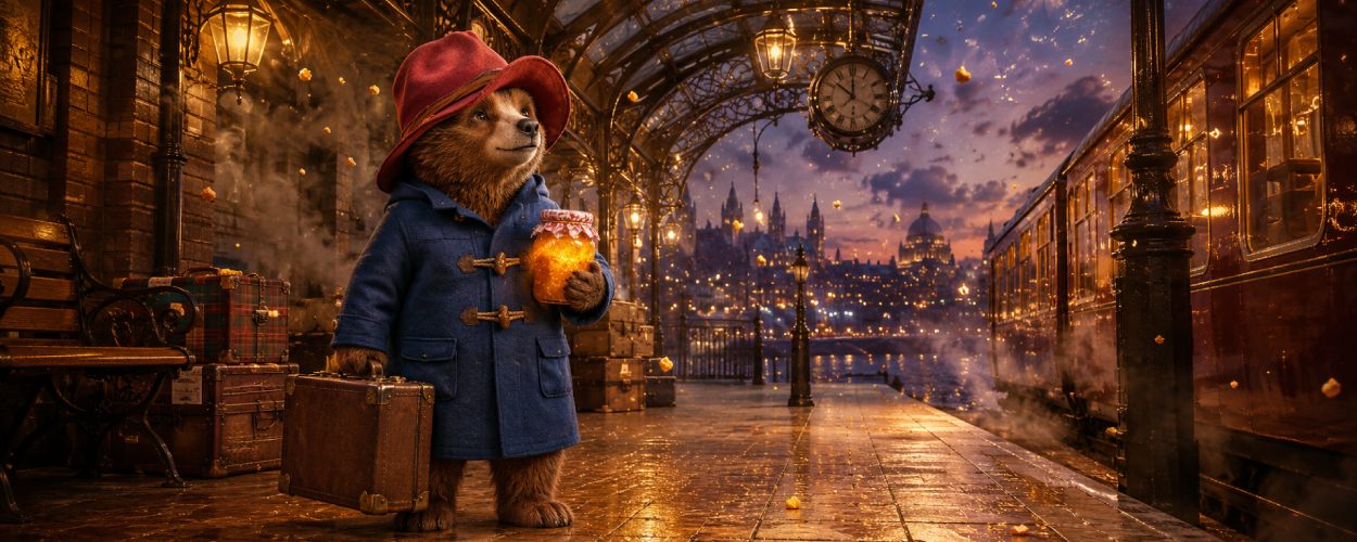 Ein kleiner höflicher Bär mit rotem Hut steht mit Koffer und Marmeladenglas vor einem warm beleuchteten Bahnhof voller märchenhafter Filmstimmung.